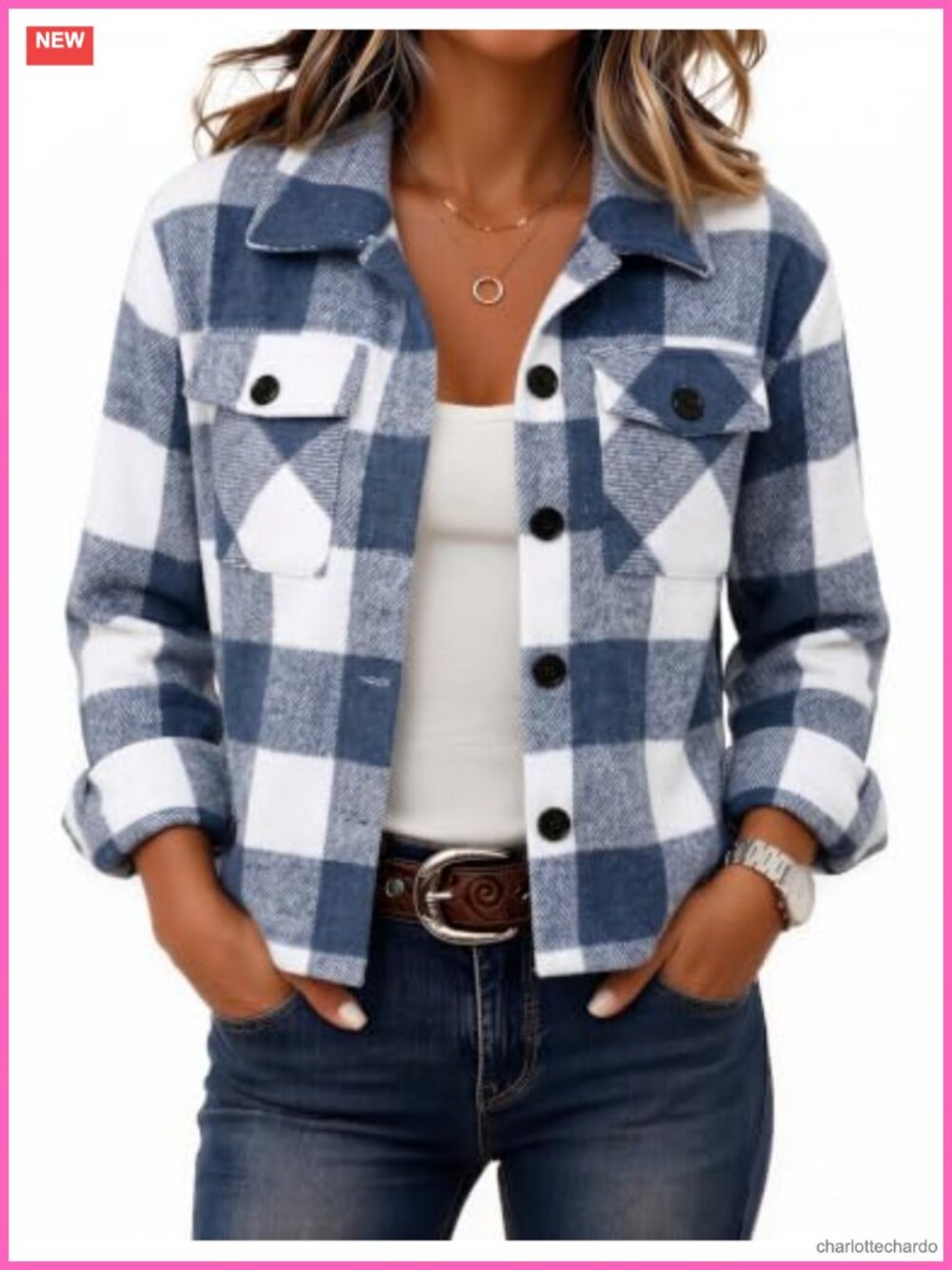 Cropped Flannel Shacket Jacket Button Up Plaid Casual Coat